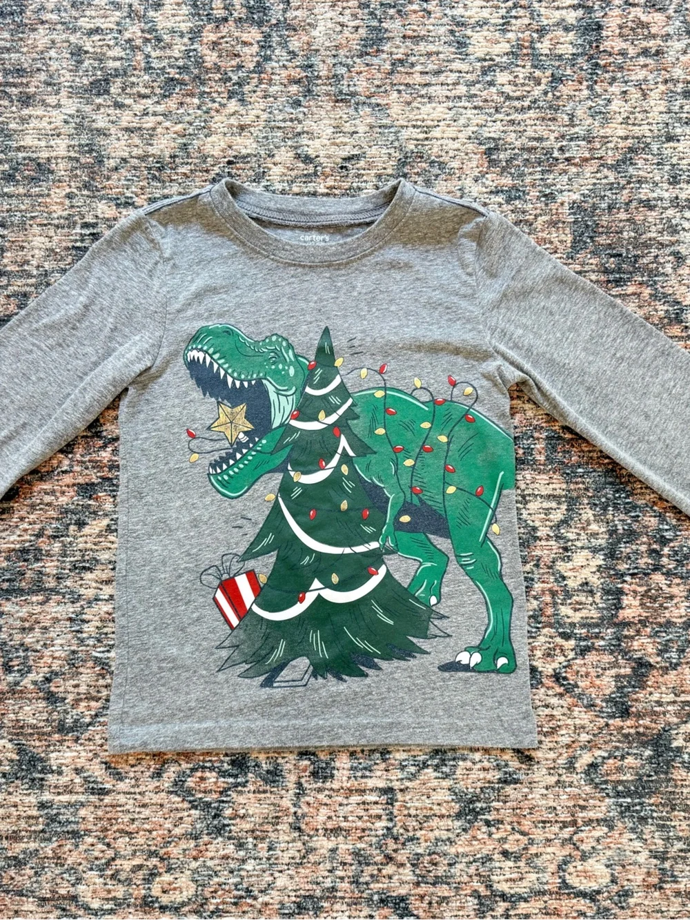 Carter's Gray Long-Sleeve Hoodie Tee with Green Dino Christmas Print